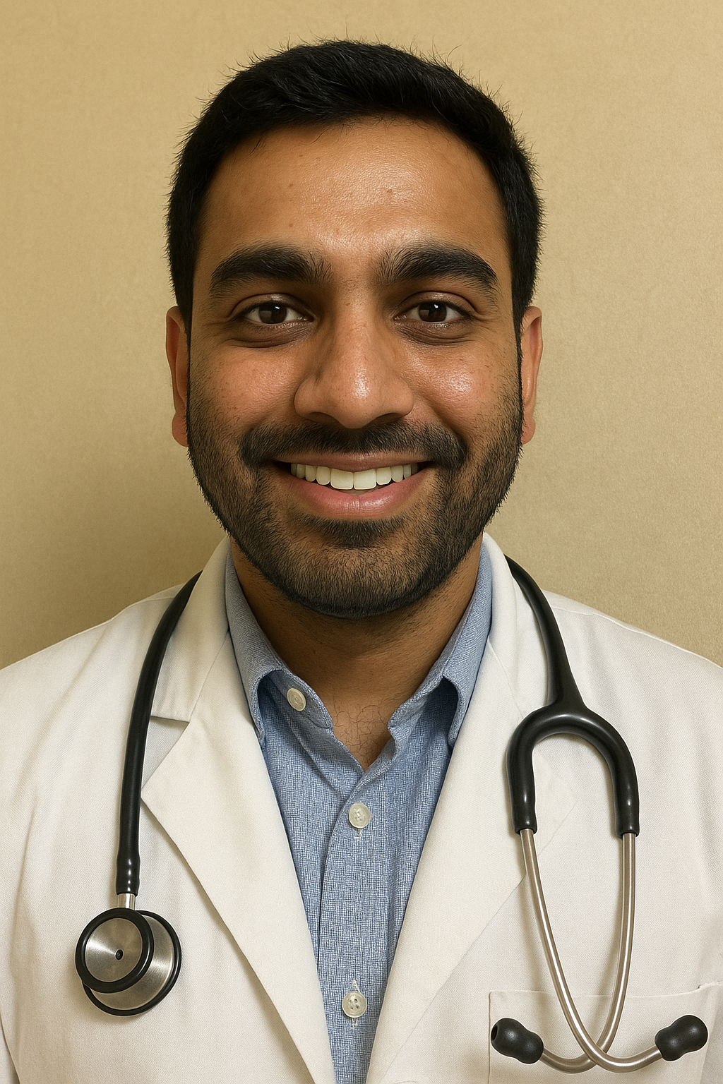 Smiling south asian doctor in white coat
