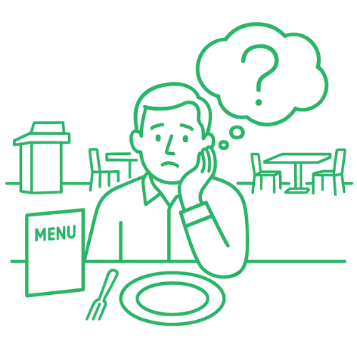Line art illustration of man sitting at empty restaurant looking confused