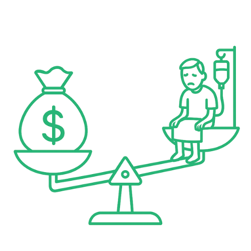 Unbalanced scale with money on one side and patient on other. Scale tips towards money.