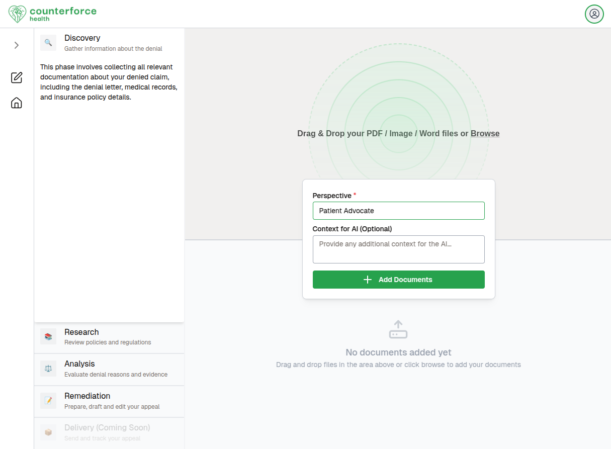 Screenshot of platform on "discovery" step where user can upload documents
